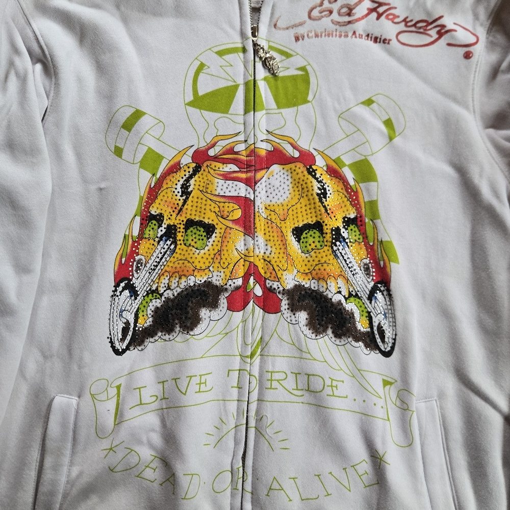 Ed Hardy by Christian Audigier White Zip Hoodie - Live to Ride Design